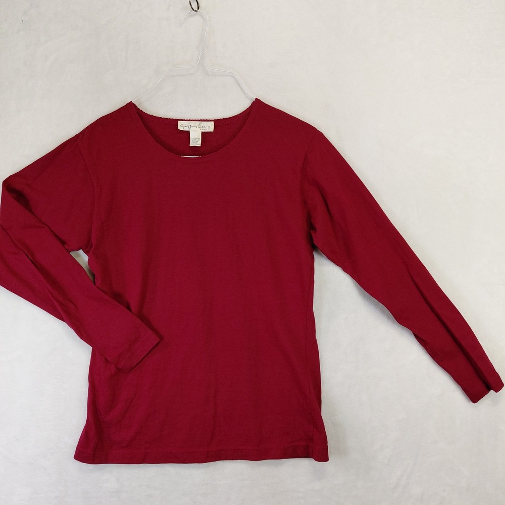 Geoffrey Beene Sport Vintage Long Sleeve Cotton Top Red Scalloped Neck Small USA